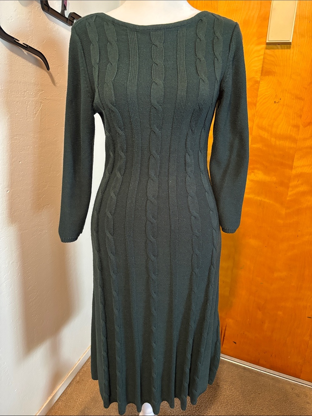 Nine West Dark Green Cable-Knit Long Sleeve Dress